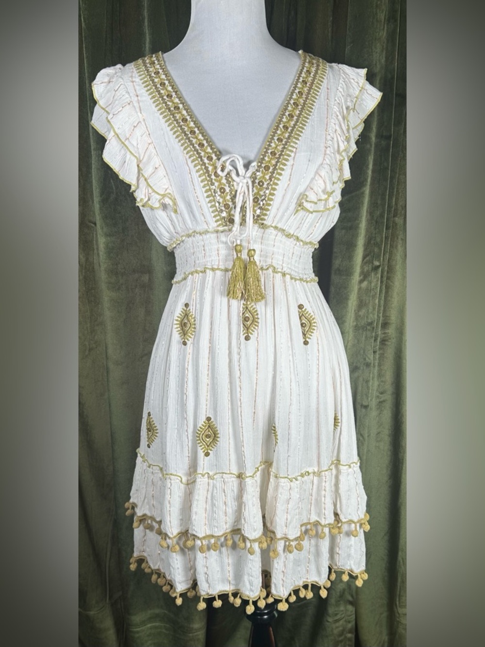 Ananta Boutique Gold-Embellished Boho Babydoll Mini Dress